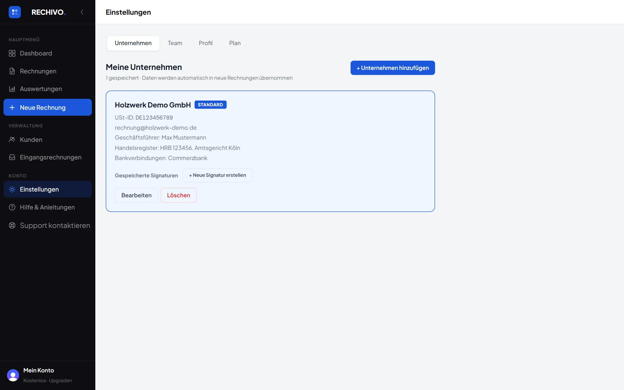 Ihre gespeicherten Unternehmen – das Standard-Unternehmen ist markiert.