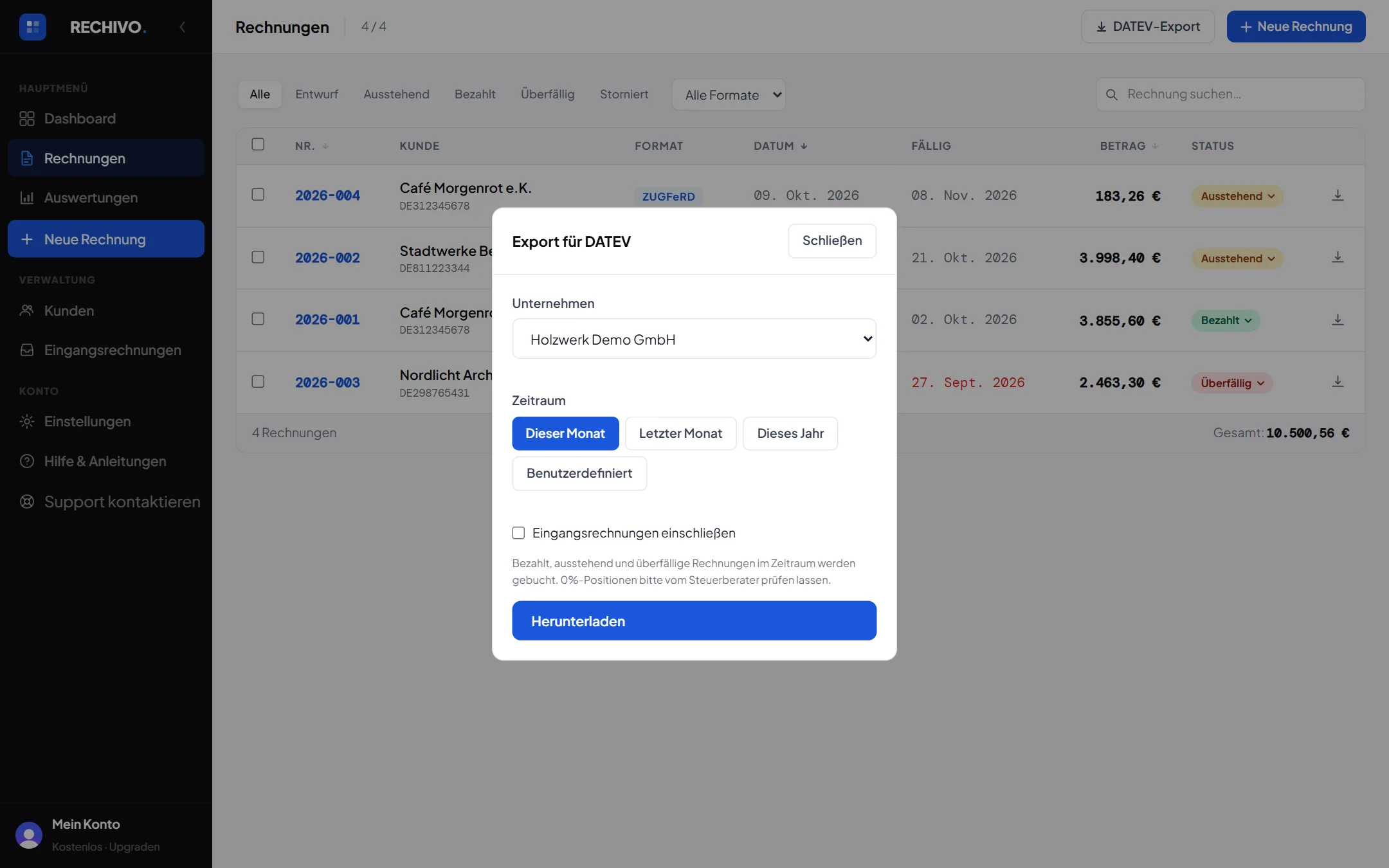 Export für DATEV: Unternehmen, Zeitraum, fertig.